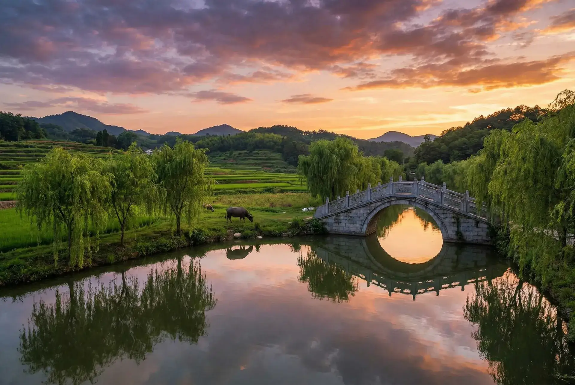 夕阳下的石拱桥与垂柳，水牛在河边吃草 - 欲望的游戏 乡村美景